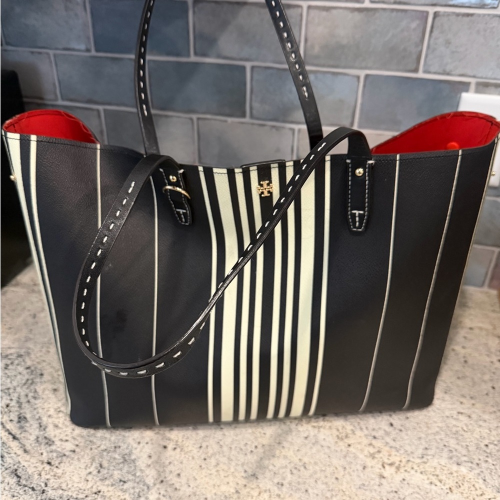 Tory Burch Black and Cream Striped Tote